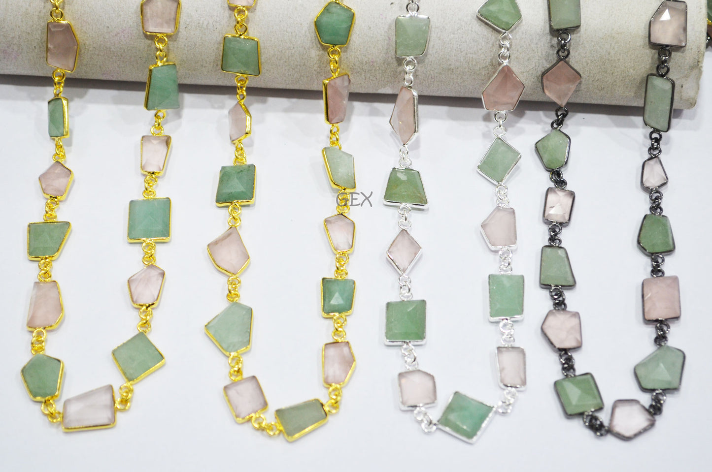 Rose Quartz And Grape Aventurine Faceted Fancy Cut Shape Connector Chain , 9x12 - 17x20 mm , RB-7161