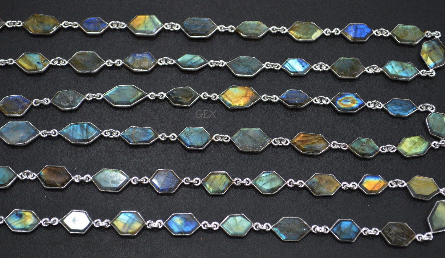 Labradorite Faceted Fancy Cut Tablets Shape Connector Chain , 8x11 - 12x15 mm , RB-7162