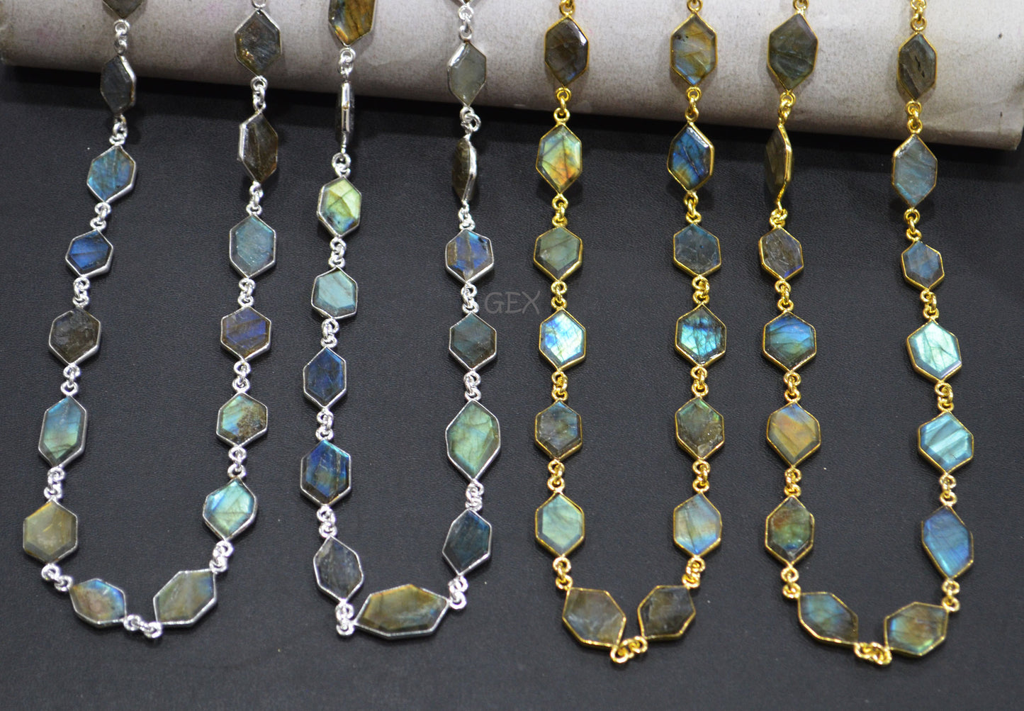 Labradorite Faceted Fancy Cut Tablets Shape Connector Chain , 8x11 - 12x15 mm , RB-7162