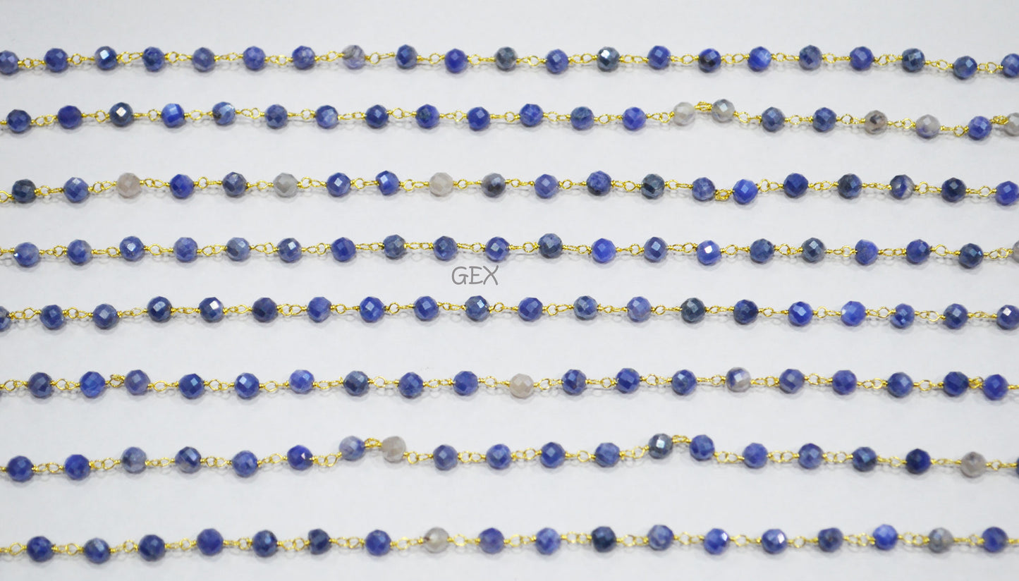Blue Sapphire Colored Moonstone Faceted Round Shape Rosary Beaded Chain , 4 mm , RB-7164
