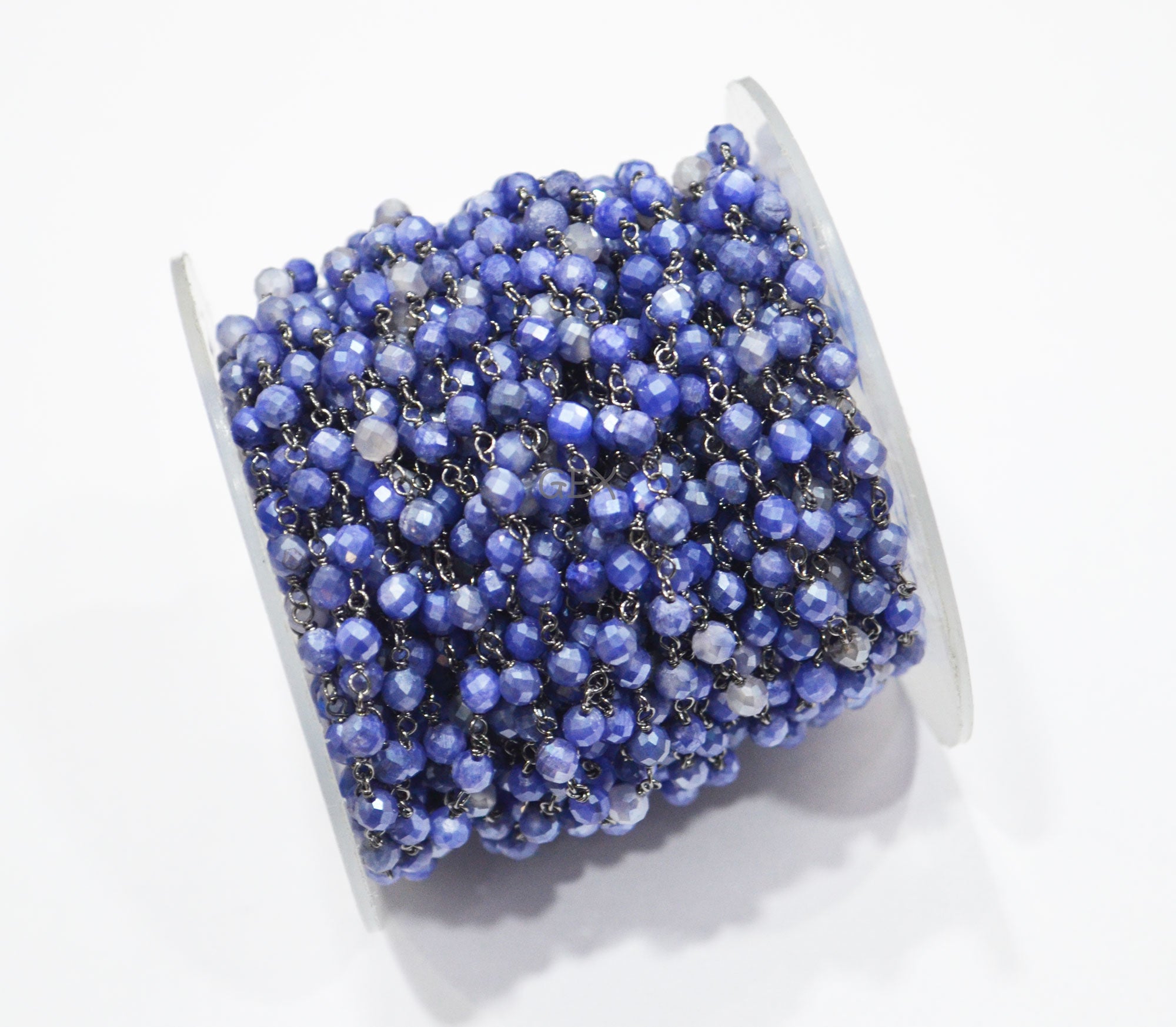Blue Sapphire Colored Moonstone Faceted Round Shape Rosary Beaded Chain , 4 mm , RB-7164