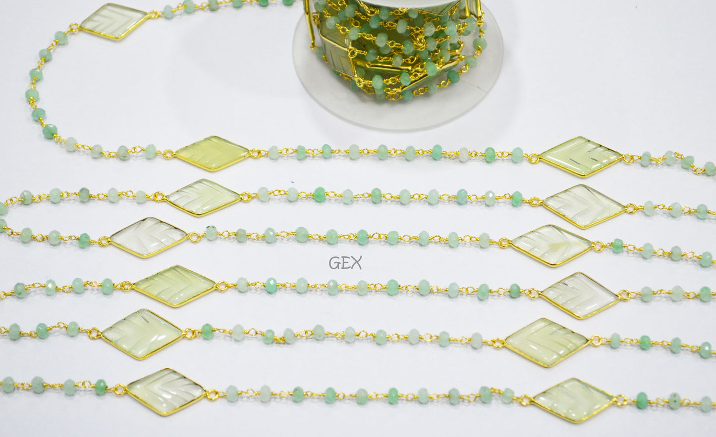 Aqua Jade Faceted Rondelle Shape Rosary Beaded Chain , Aqua Chalcedony Carved Diamond Shape Connector Wire Wrapped Chain , 4 mm , RB-7166