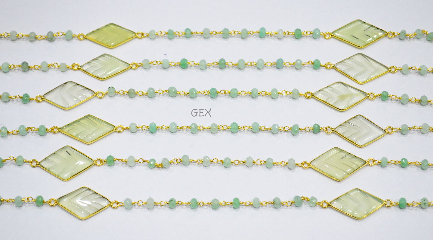Aqua Jade Faceted Rondelle Shape Rosary Beaded Chain , Aqua Chalcedony Carved Diamond Shape Connector Wire Wrapped Chain , 4 mm , RB-7166
