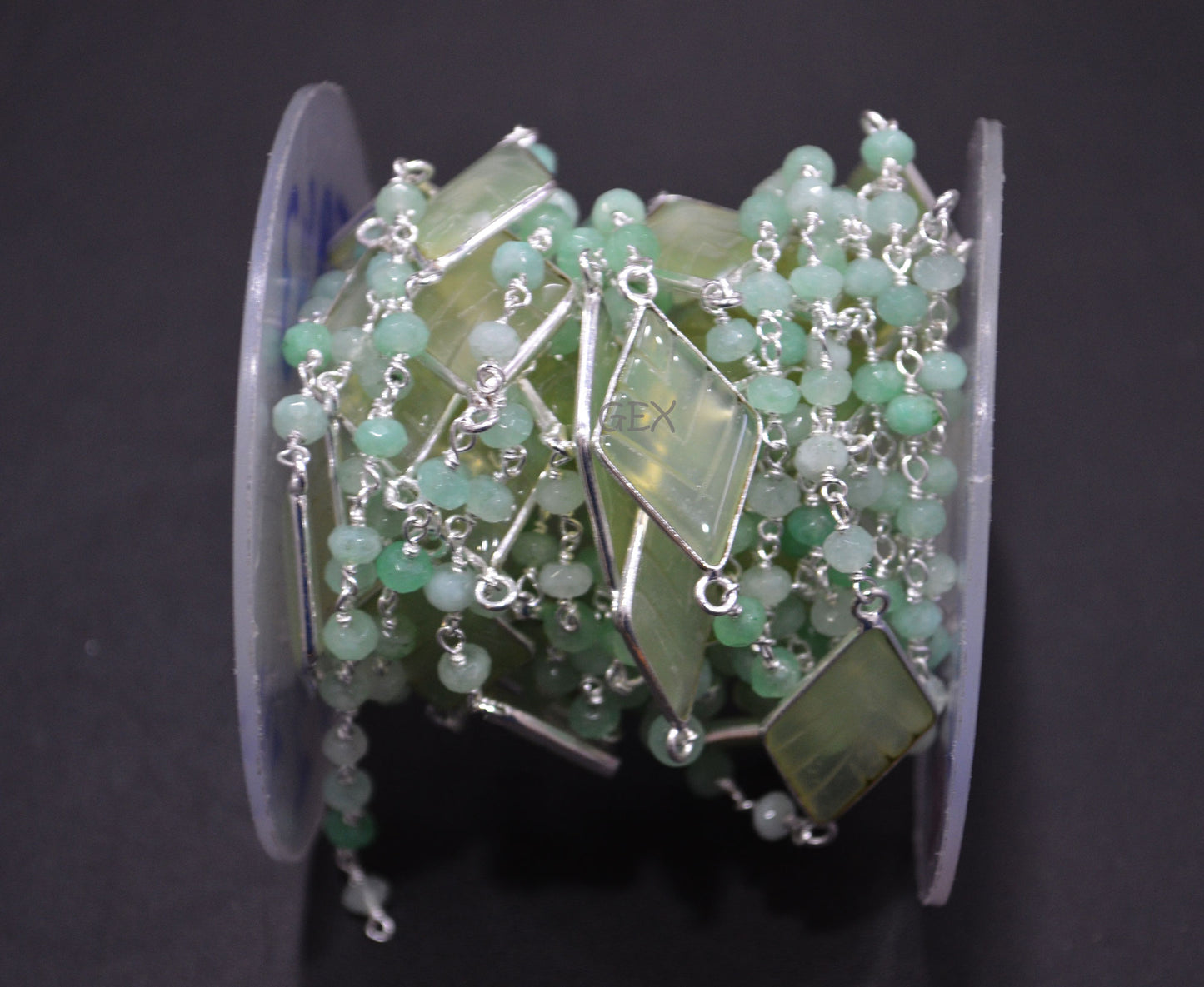 Aqua Jade Faceted Rondelle Shape Rosary Beaded Chain , Aqua Chalcedony Carved Diamond Shape Connector Wire Wrapped Chain , 4 mm , RB-7166