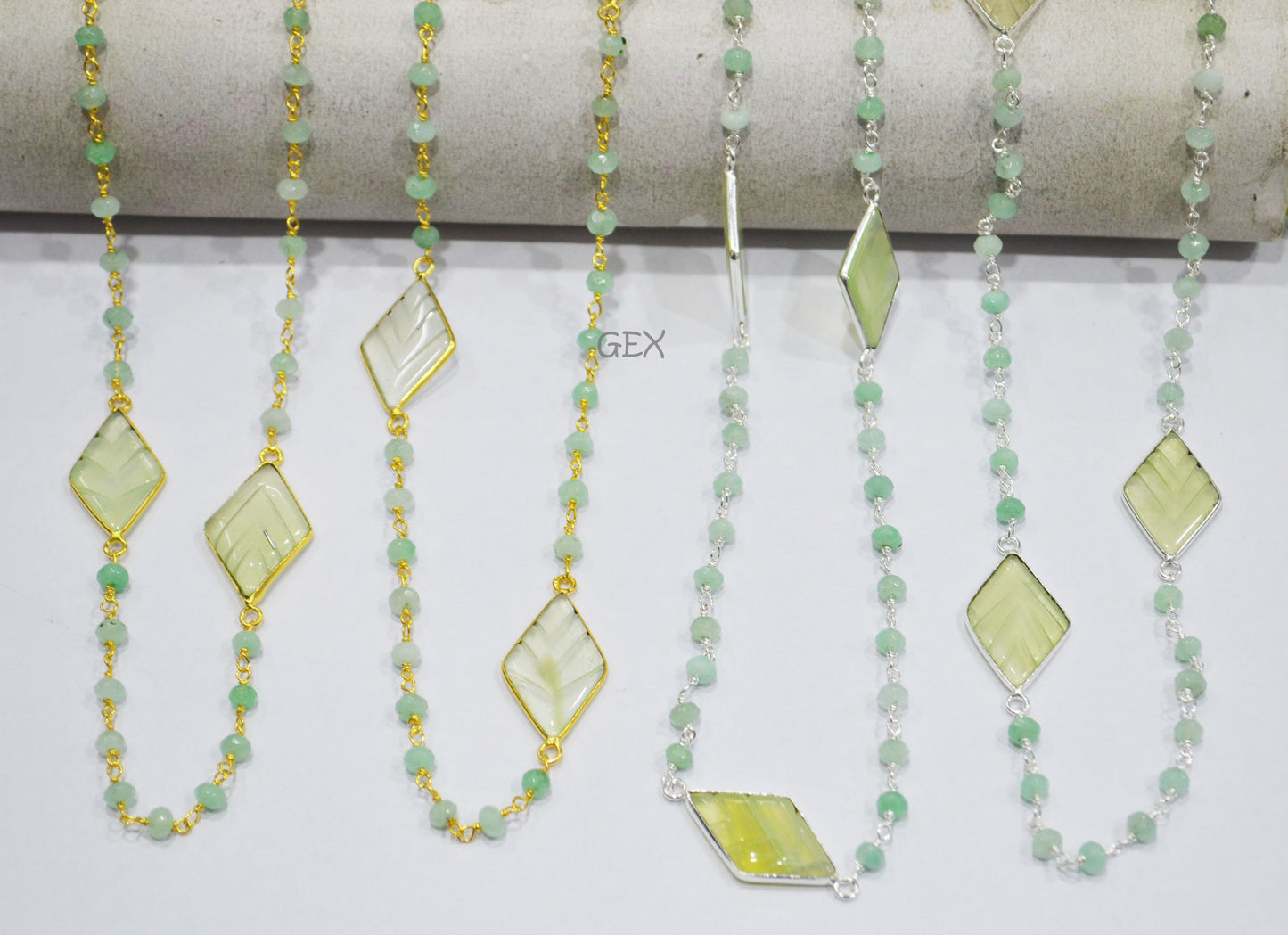 Aqua Jade Faceted Rondelle Shape Rosary Beaded Chain , Aqua Chalcedony Carved Diamond Shape Connector Wire Wrapped Chain , 4 mm , RB-7166