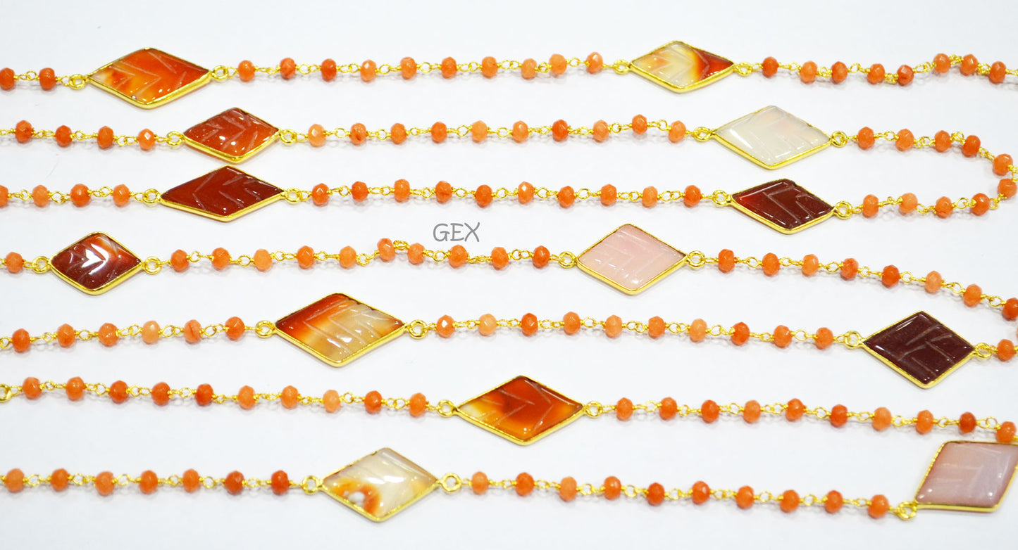 Orange Jade Faceted Rondelle Shape Rosary Beaded Chain , Orange Chalcedony Carved Diamond Shape Connector Wire Wrapped Chain , 4 mm , RB-7167