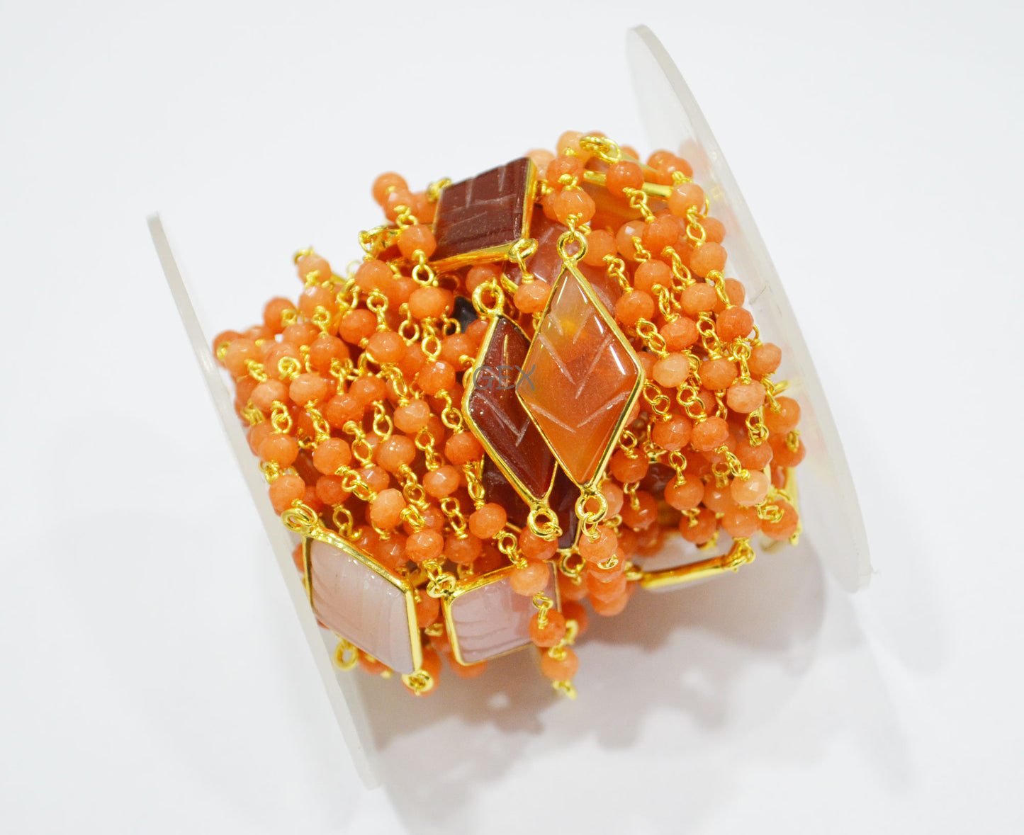 Orange Jade Faceted Rondelle Shape Rosary Beaded Chain , Orange Chalcedony Carved Diamond Shape Connector Wire Wrapped Chain , 4 mm , RB-7167