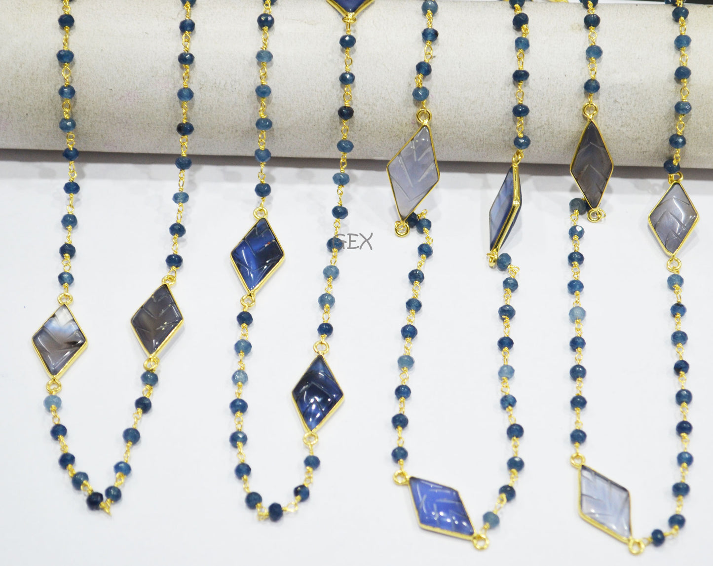 Iolite Jade Faceted Rondelle Shape Rosary Beaded Chain , Iolite Chalcedony Carved Diamond Shape Connector Wire Wrapped Chain , 4 mm , RB-7168