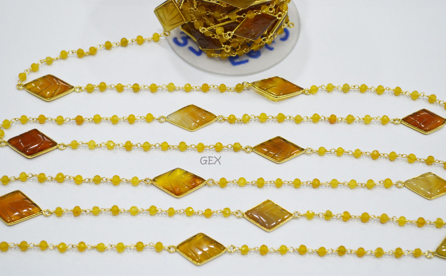 Yellow Jade Faceted Rondelle Shape Rosary Beaded Chain , Yellow Chalcedony Carved Diamond Shape Connector Wire Wrapped Chain , 4 mm , RB-7169