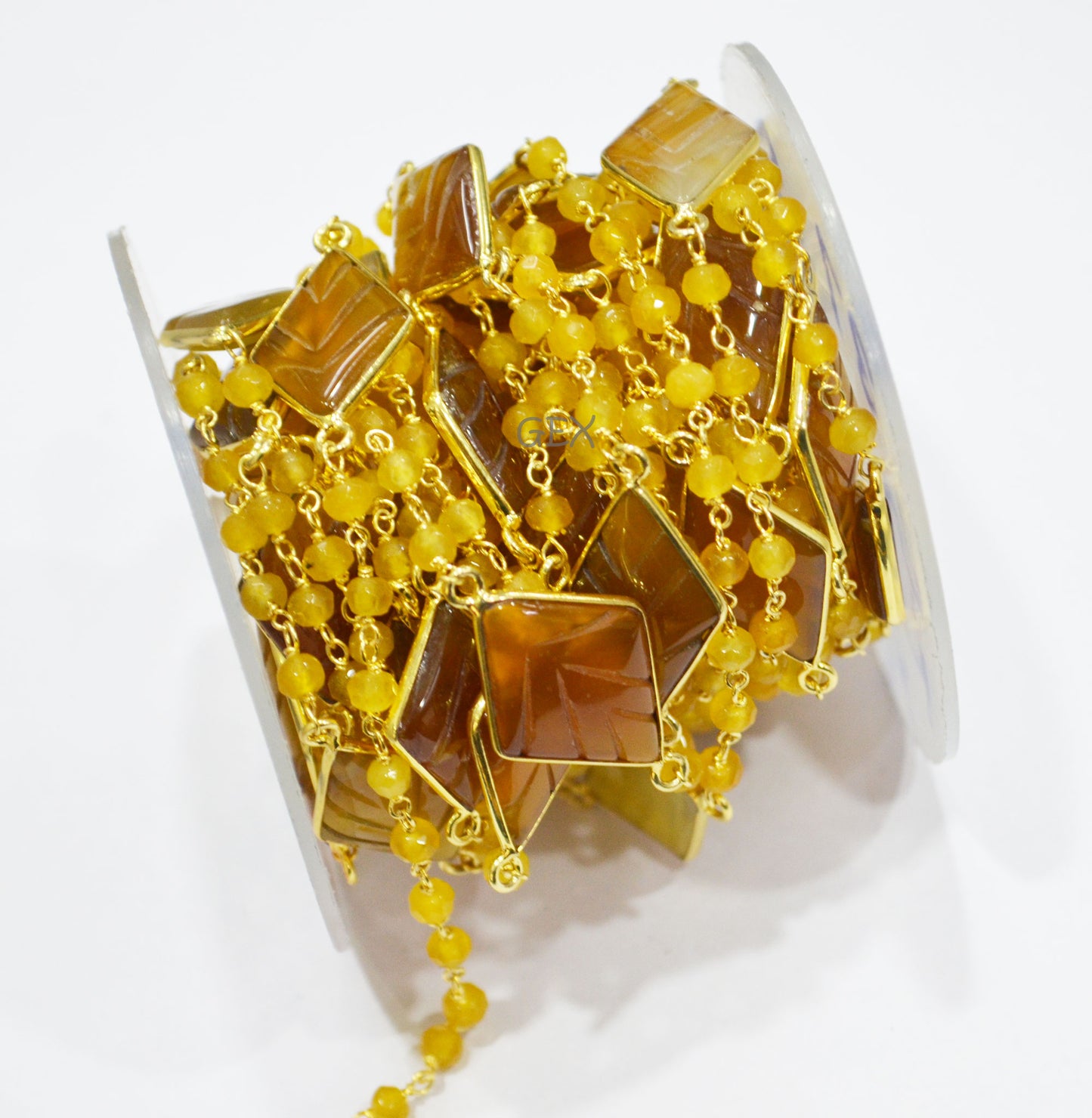 Yellow Jade Faceted Rondelle Shape Rosary Beaded Chain , Yellow Chalcedony Carved Diamond Shape Connector Wire Wrapped Chain , 4 mm , RB-7169