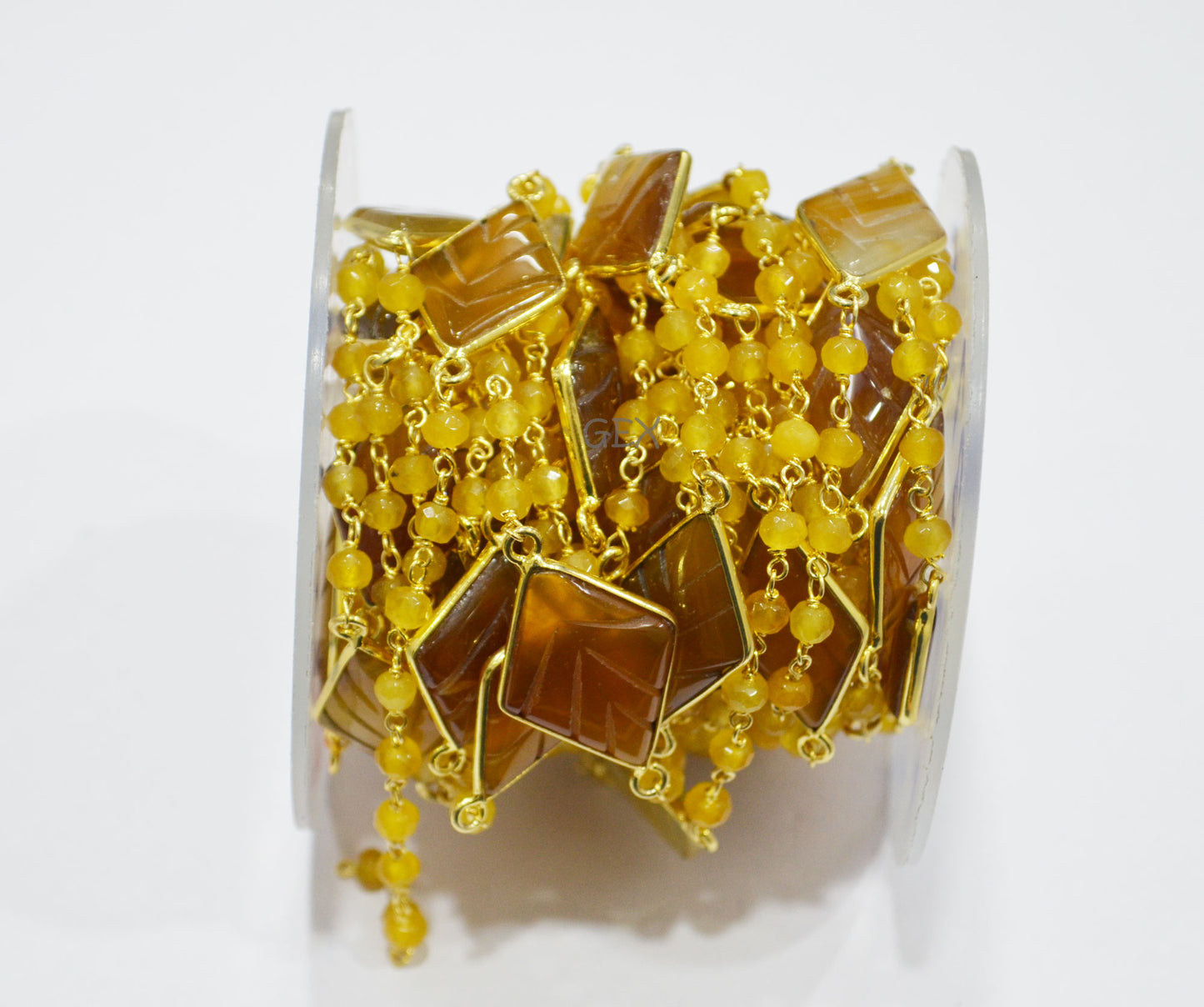 Yellow Jade Faceted Rondelle Shape Rosary Beaded Chain , Yellow Chalcedony Carved Diamond Shape Connector Wire Wrapped Chain , 4 mm , RB-7169
