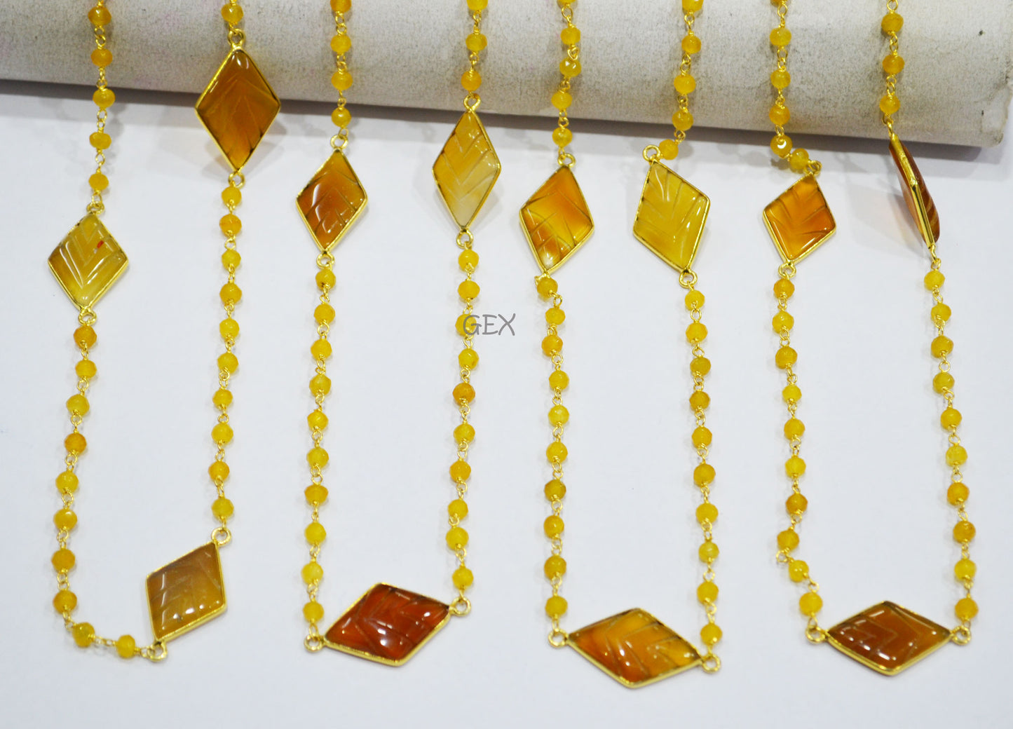 Yellow Jade Faceted Rondelle Shape Rosary Beaded Chain , Yellow Chalcedony Carved Diamond Shape Connector Wire Wrapped Chain , 4 mm , RB-7169