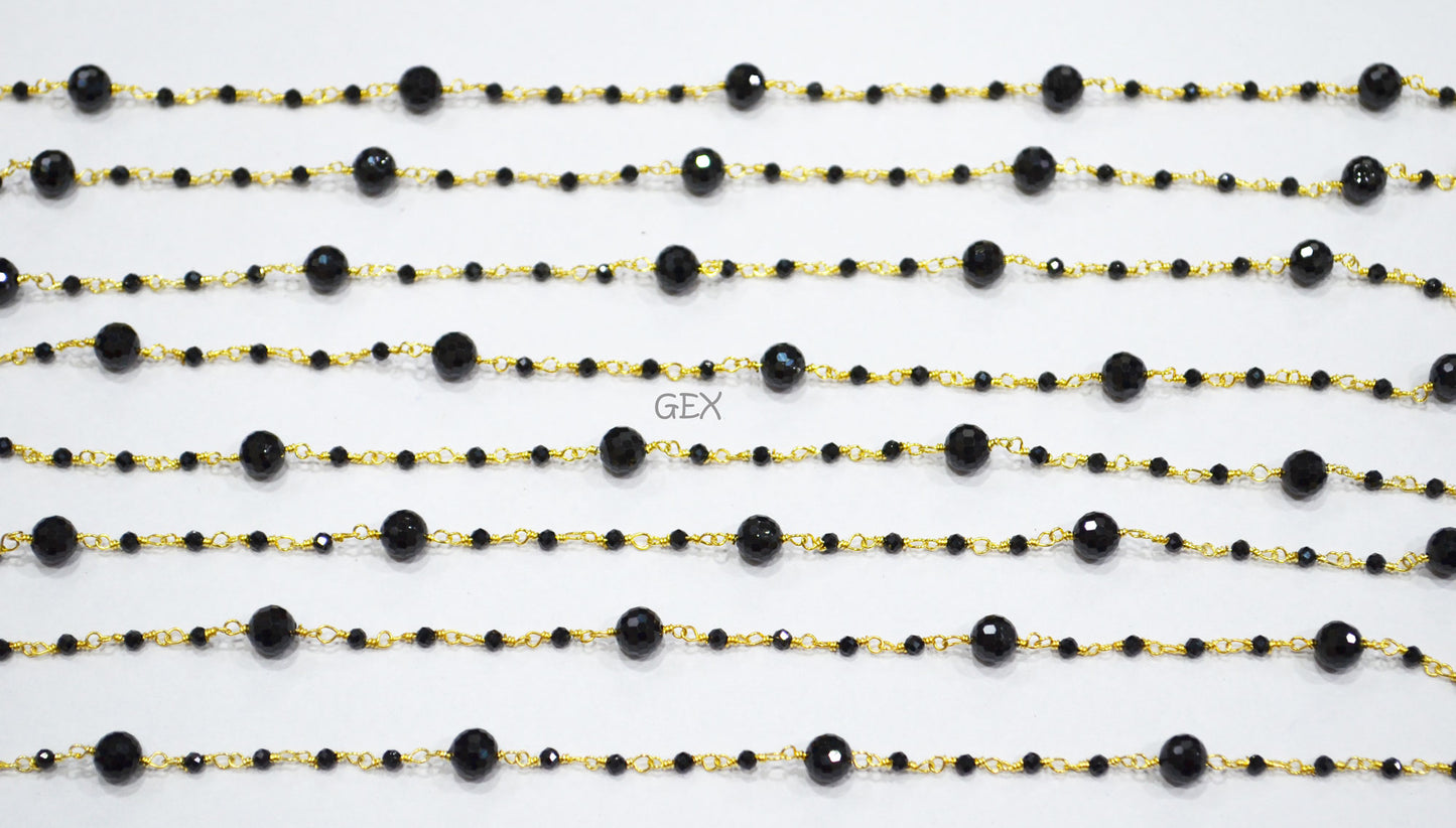Black Spinel Faceted Round Shape Rosary Beaded Chain , 2 - 6 mm , RB-7171