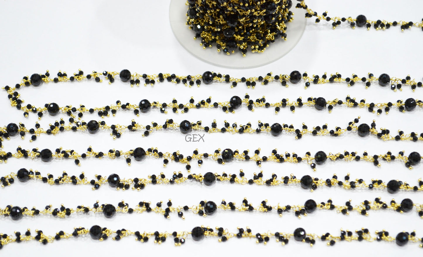 Black Spinel Faceted Round Shape Dangling Chain , 2 - 6 mm , RB-7172