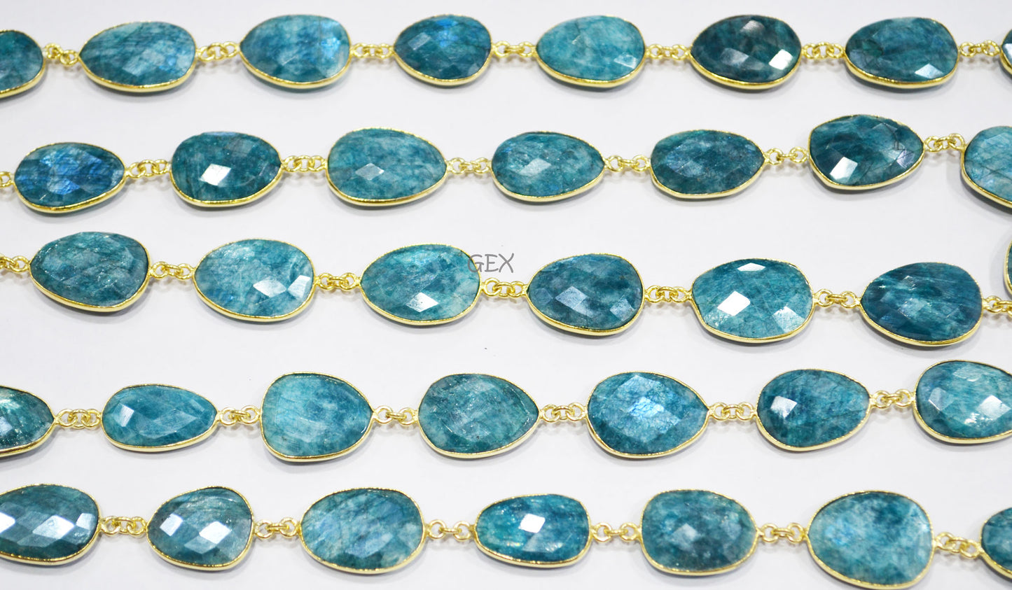 Blue Rainbow Moonstone Faceted Slice Shape Connector Chain , 15x19 - 16x23 mm , RB-7173