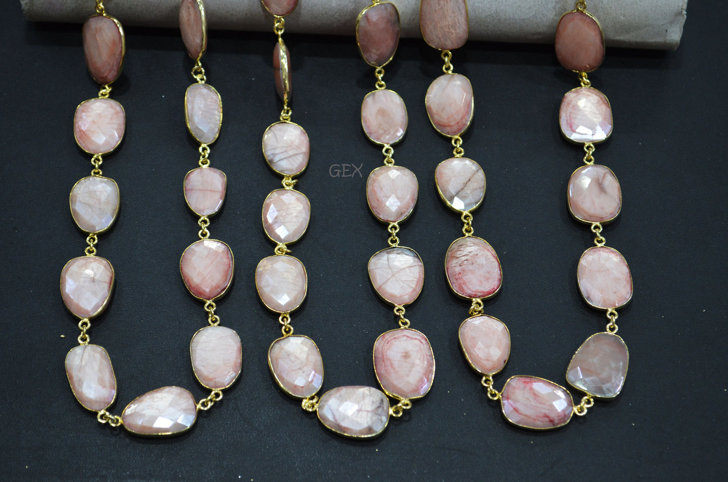 Pink Opal Color Rainbow Moonstone Faceted Slice Shape Connector Chain , 15x17 - 17x22 mm , RB-7174