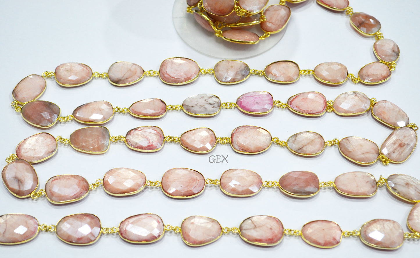 Pink Opal Color Rainbow Moonstone Faceted Slice Shape Connector Chain , 15x17 - 17x22 mm , RB-7174