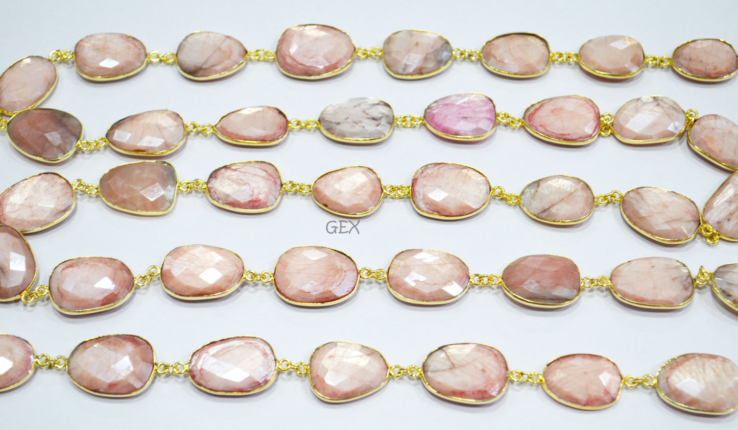 Pink Opal Color Rainbow Moonstone Faceted Slice Shape Connector Chain , 15x17 - 17x22 mm , RB-7174