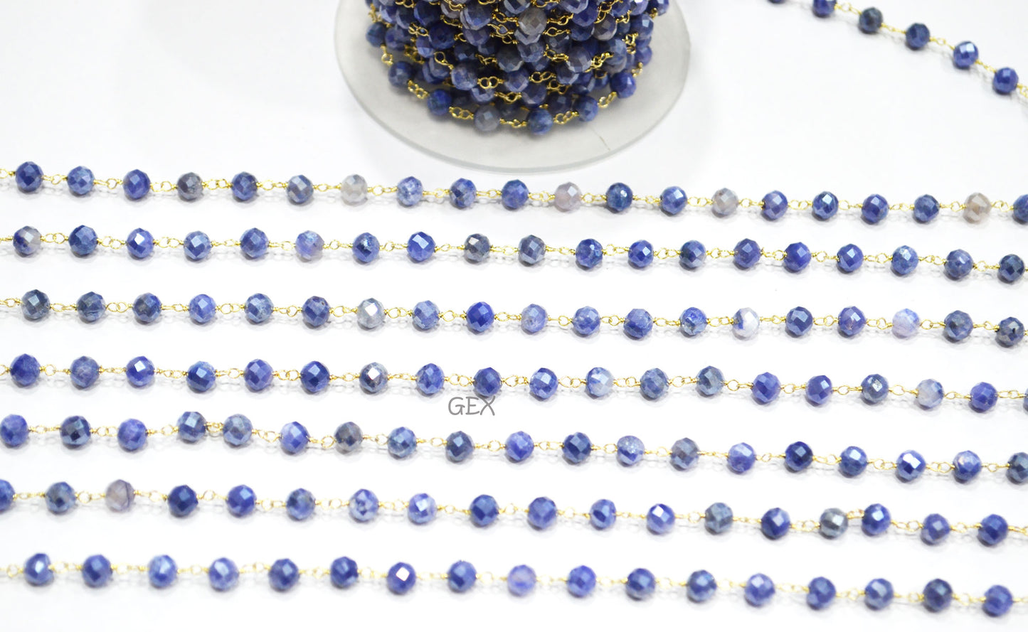 Sapphire Colored Moonstone Faceted Round Shape Rosary Beaded Chain , 5 mm , RB-7185