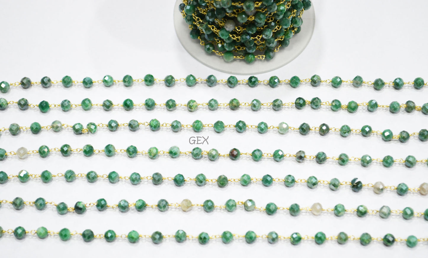 Emerald Colored Moonstone Faceted Round Shape Rosary Beaded Chain , 5 mm , RB-7186