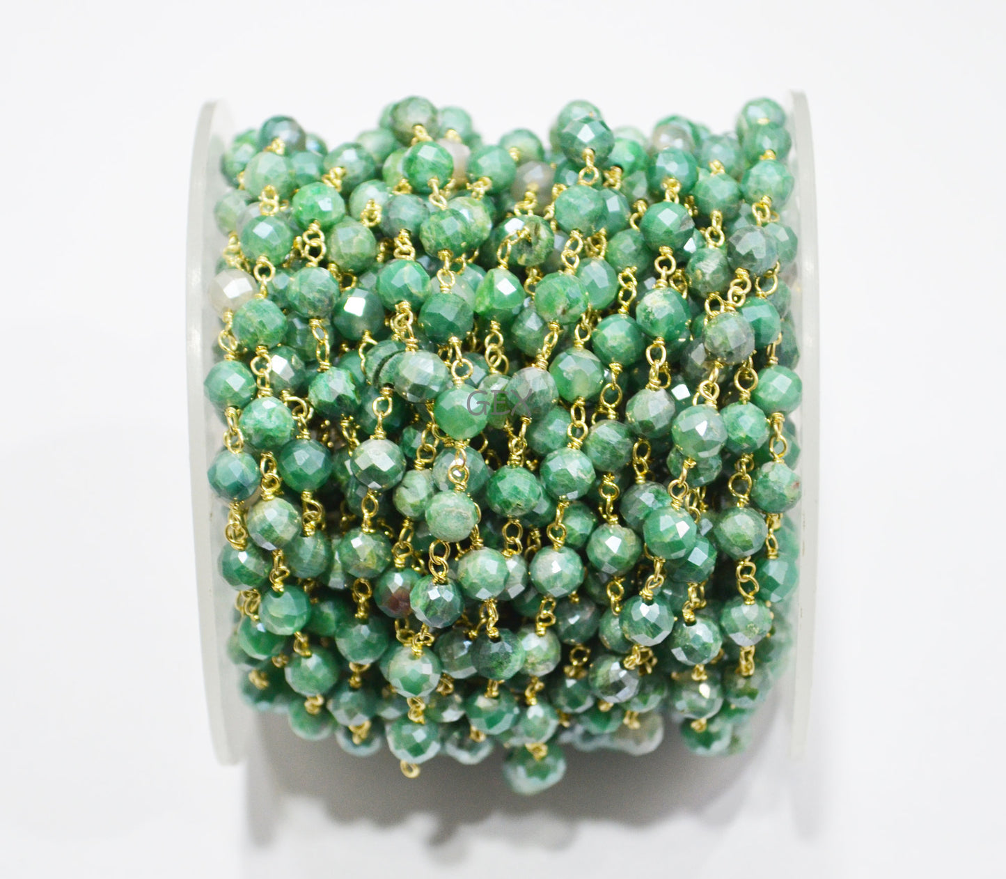 Emerald Colored Moonstone Faceted Round Shape Rosary Beaded Chain , 5 mm , RB-7186