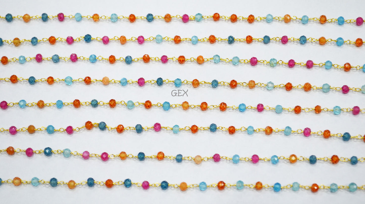 Multi Colored Topaz Faceted Round Shape Rosary Beaded Chain , 3.50 - 4 mm , RB-7187