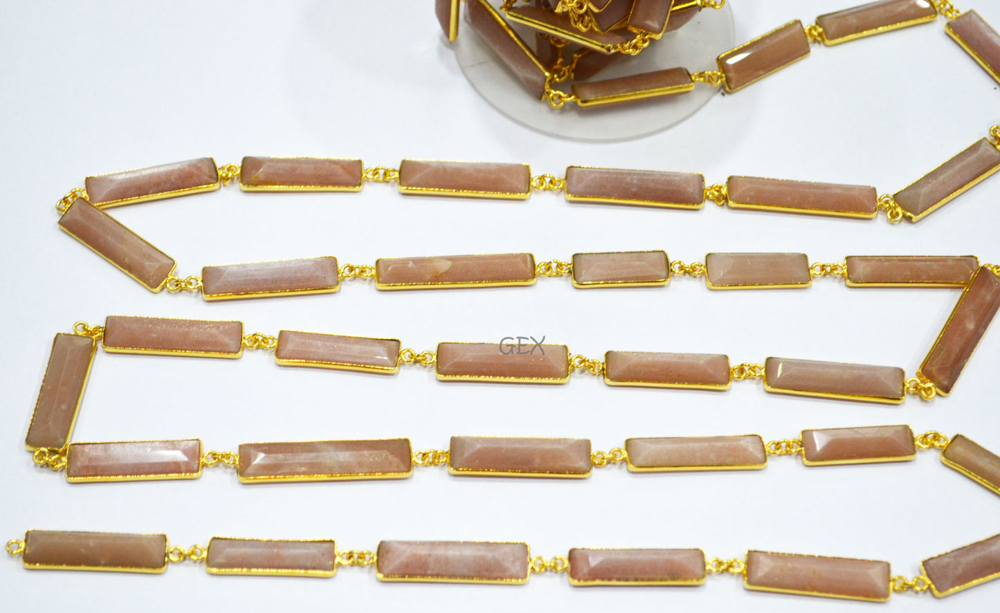 Peach Moonstone Faceted Baguette Shape Connector Chain , 9x30 - 10x35 mm , RB-7189