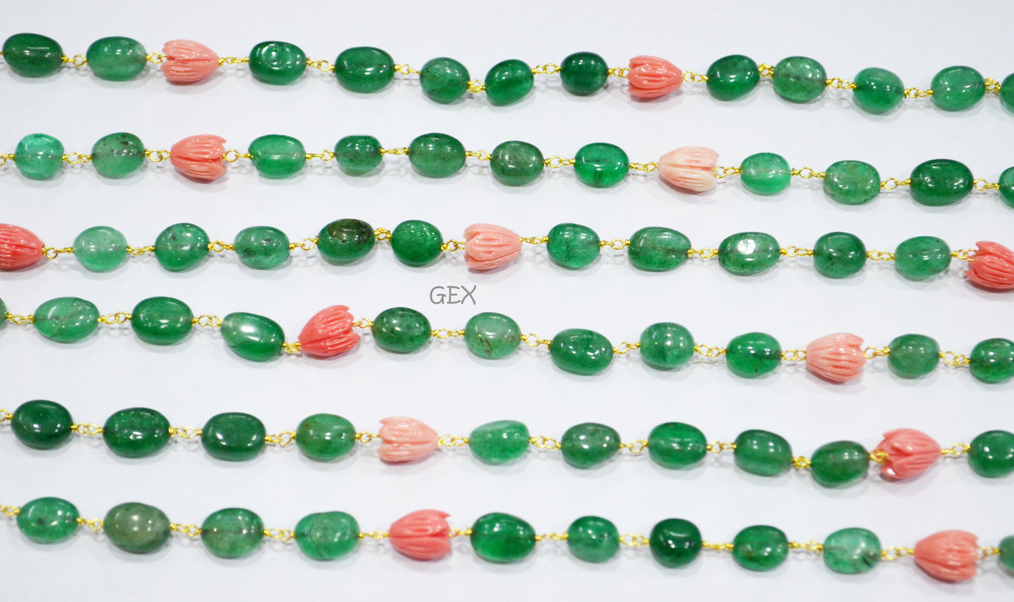 Green Strawberry Quartz Smooth Oval Shape Rosary Beaded Chain , Ceramic Coral Carved Flower Wire Wrapped Chain , 7x10 - 9x12 mm , RB-7196