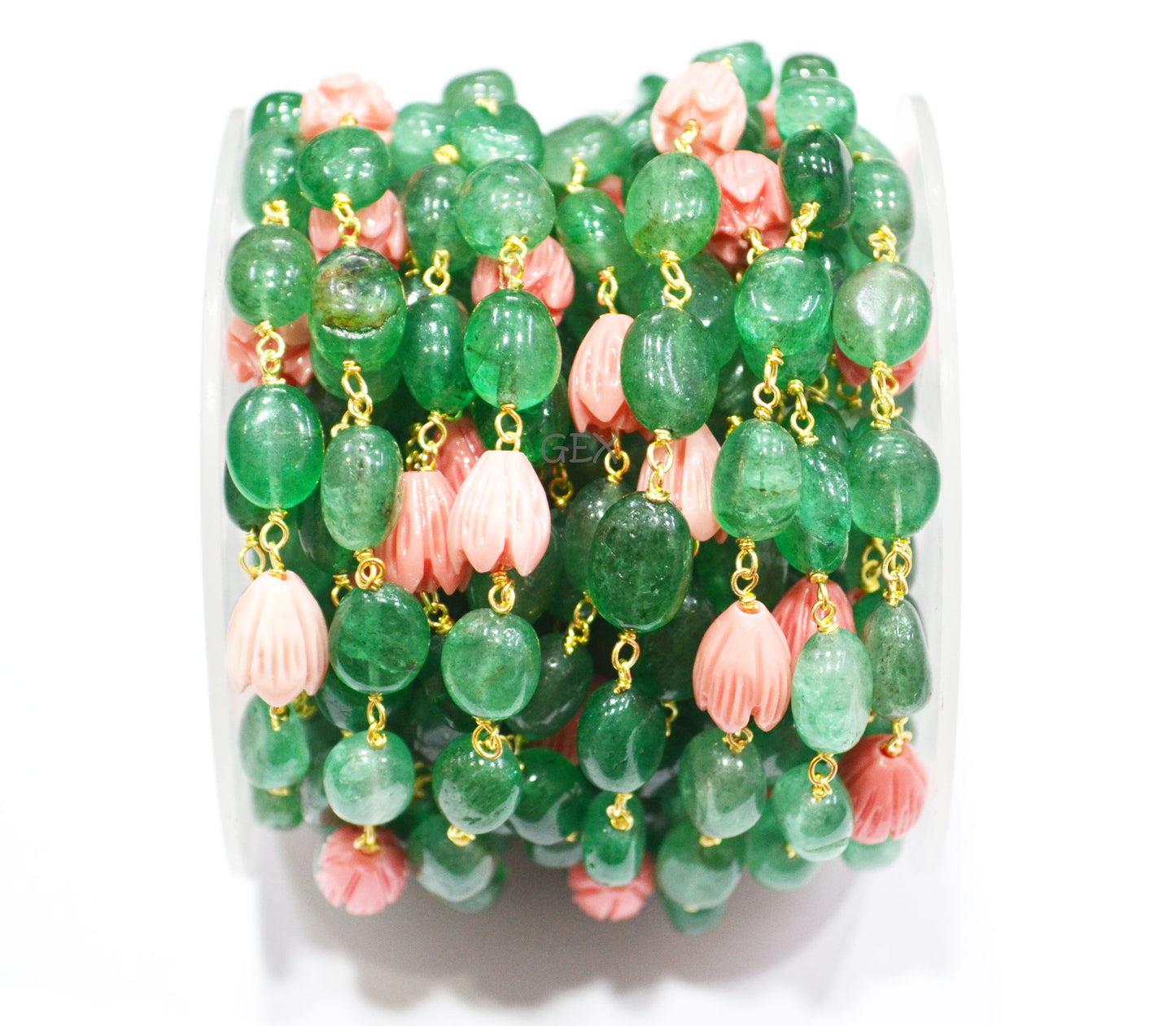 Green Strawberry Quartz Smooth Oval Shape Rosary Beaded Chain , Ceramic Coral Carved Flower Wire Wrapped Chain , 7x10 - 9x12 mm , RB-7196