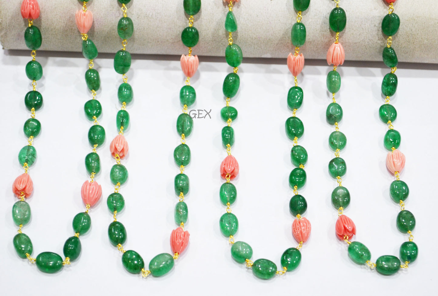 Green Strawberry Quartz Smooth Oval Shape Rosary Beaded Chain , Ceramic Coral Carved Flower Wire Wrapped Chain , 7x10 - 9x12 mm , RB-7196