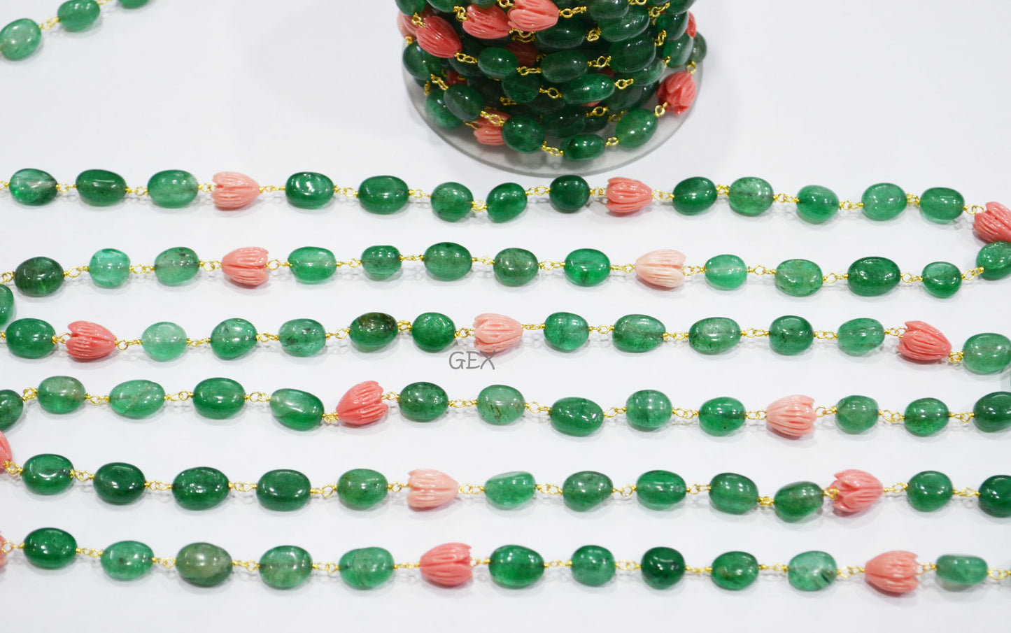 Green Strawberry Quartz Smooth Oval Shape Rosary Beaded Chain , Ceramic Coral Carved Flower Wire Wrapped Chain , 7x10 - 9x12 mm , RB-7196
