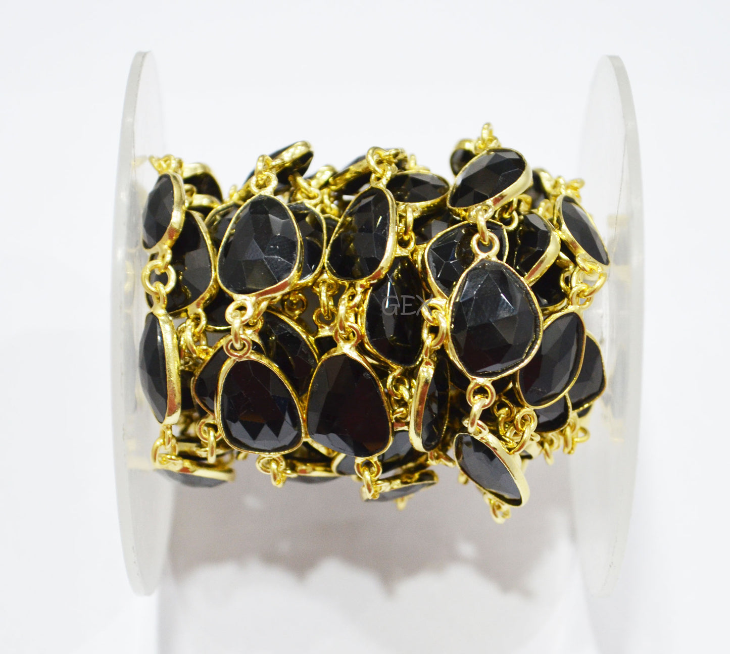 Black Onyx Faceted Flat Slice Shape Connector Chain , 9x12 - 11x14 mm , RB-7198