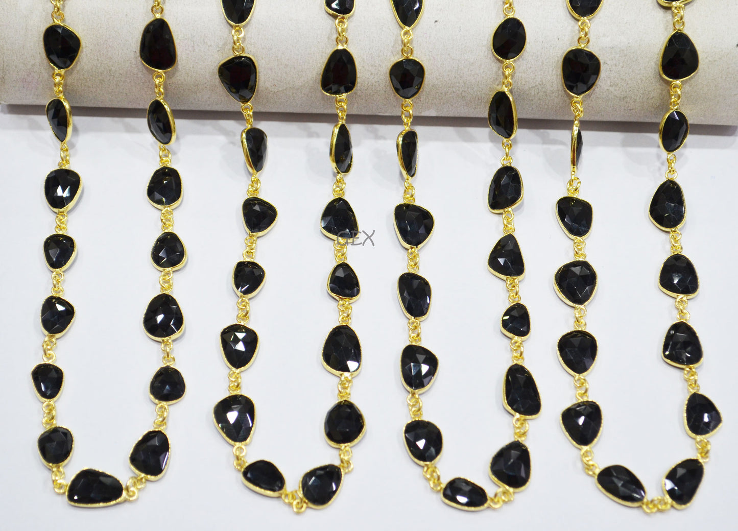 Black Onyx Faceted Flat Slice Shape Connector Chain , 9x12 - 11x14 mm , RB-7198