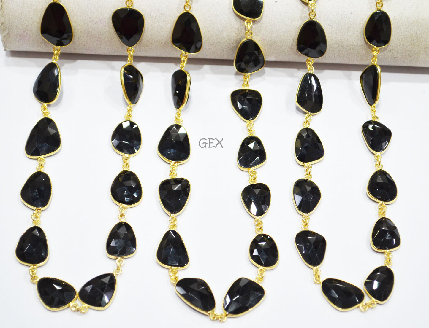 Black Onyx Faceted Flat Slice Shape Connector Chain , 13x15 - 15x18 mm , RB-7199