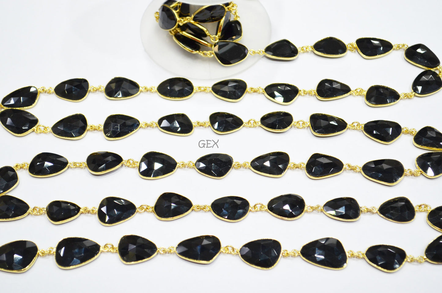 Black Onyx Faceted Flat Slice Shape Connector Chain , 13x15 - 15x18 mm , RB-7199