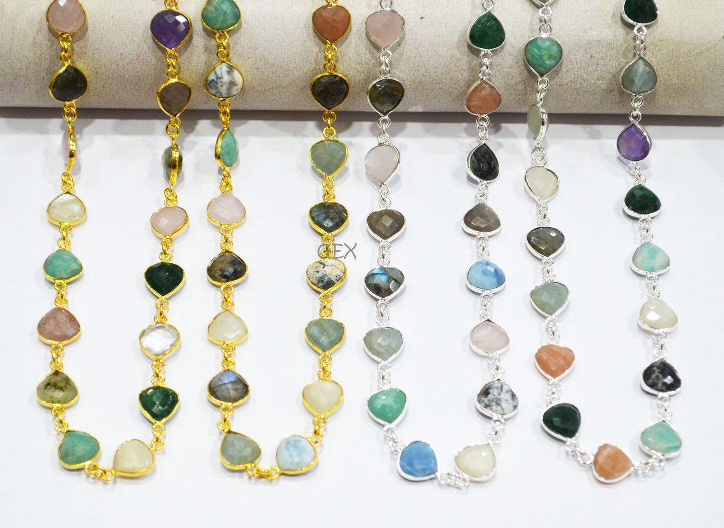 Multi Semi Precious Gemstone Faceted Heart Shape Connector Chain , 10 - 11 mm , RB-7207