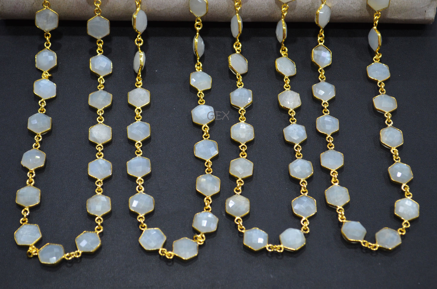 Ceylon Moonstone Faceted Hexagon Shape Connector Chain , 10 - 11 mm , RB-7212