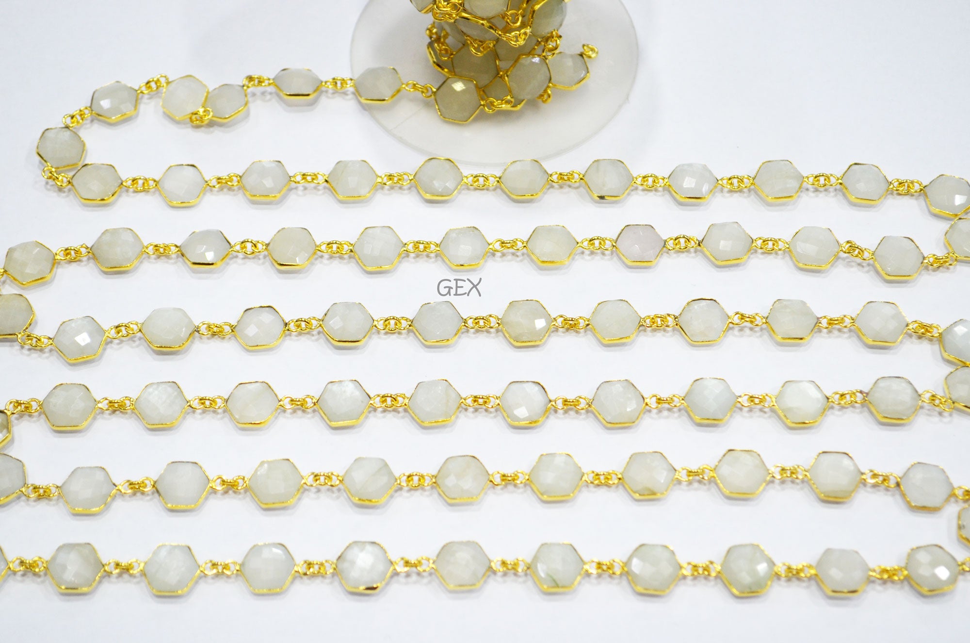 Ceylon Moonstone Faceted Hexagon Shape Connector Chain , 10 - 11 mm , RB-7212
