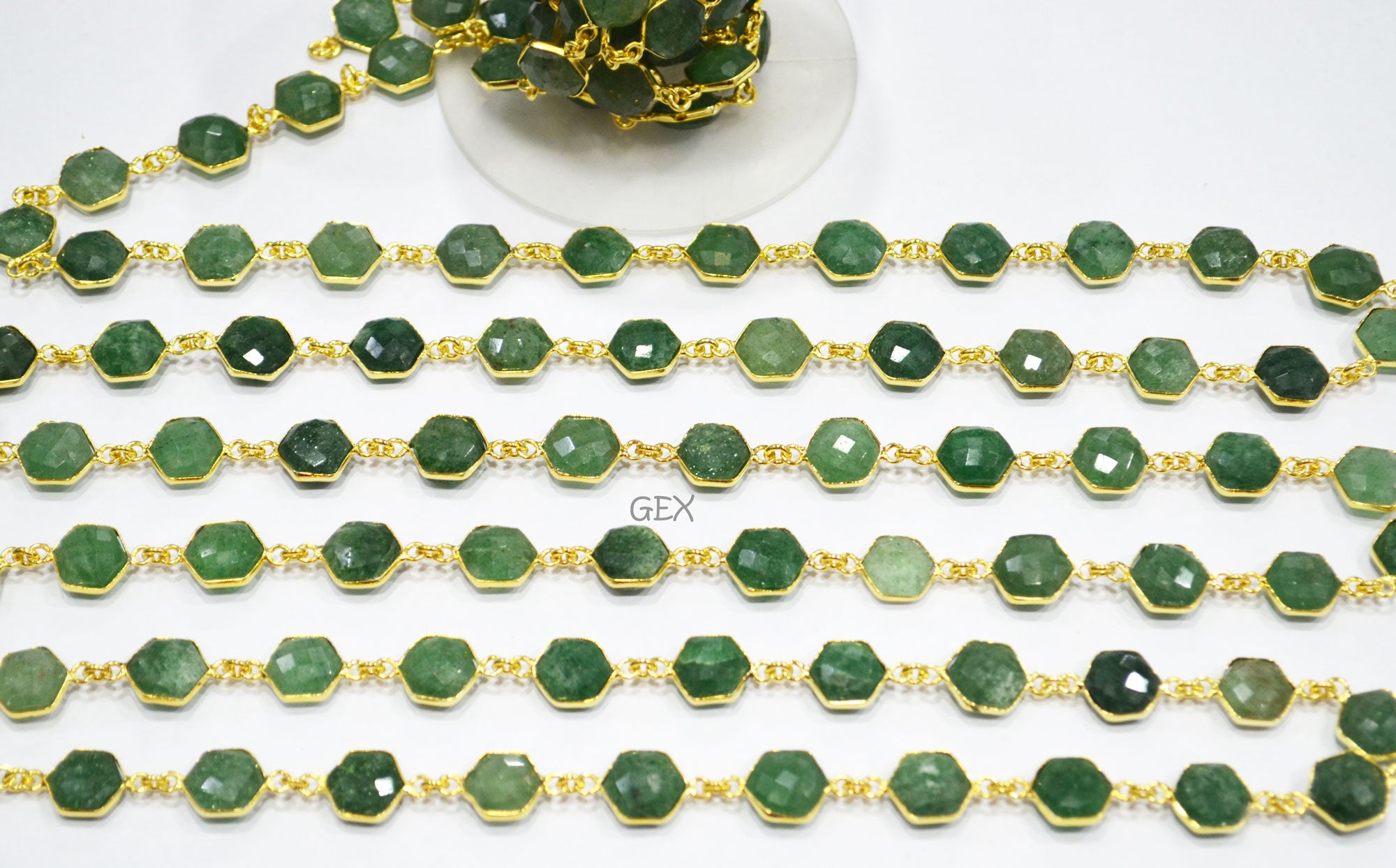 Green Strawberry Quartz Faceted Hexagon Shape Connector Chain , 10 - 11 mm , RB-7215
