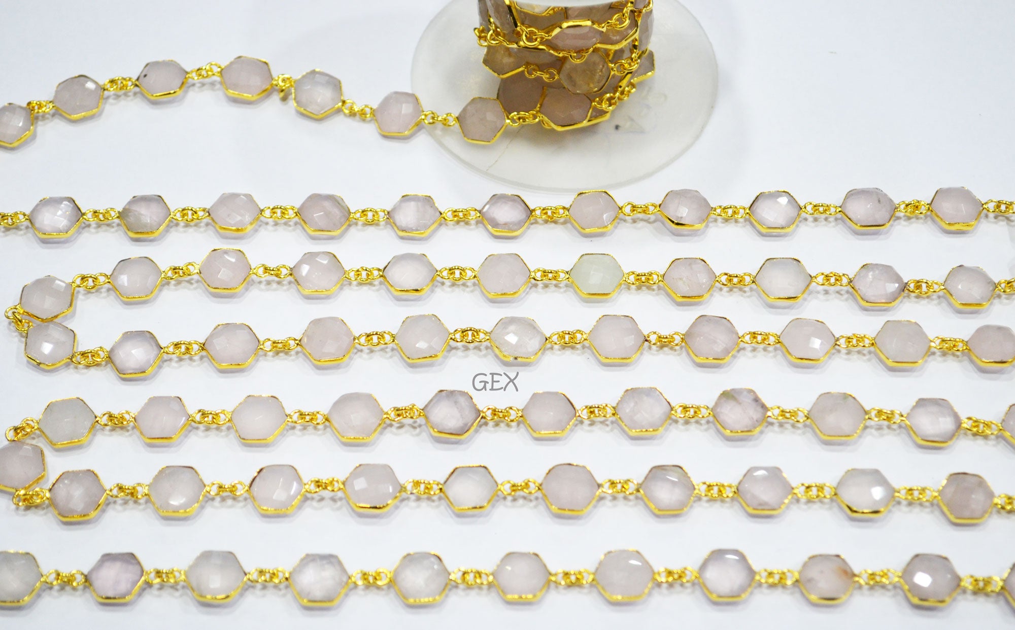 Rose Quartz Faceted Hexagon Shape Connector Chain , 10 - 11 mm , RB-7217