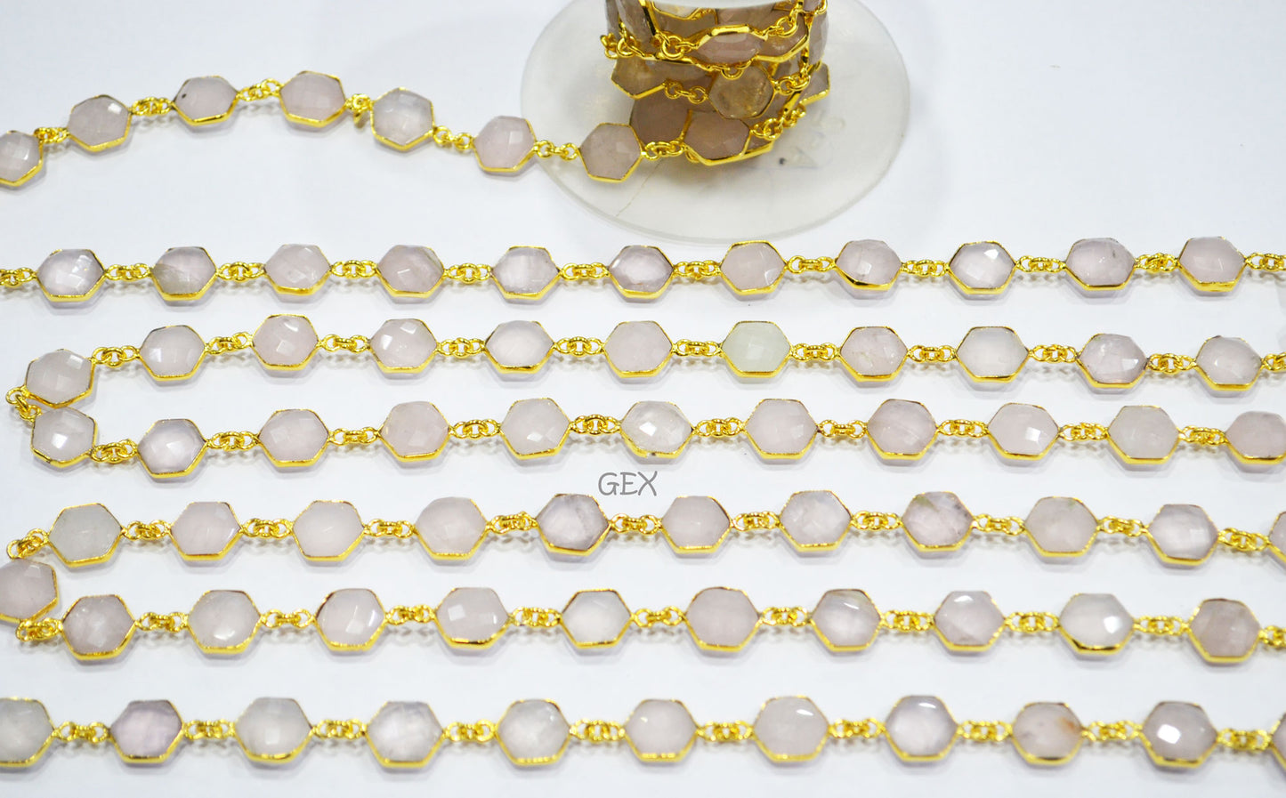 Rose Quartz Faceted Hexagon Shape Connector Chain , 10 - 11 mm , RB-7217