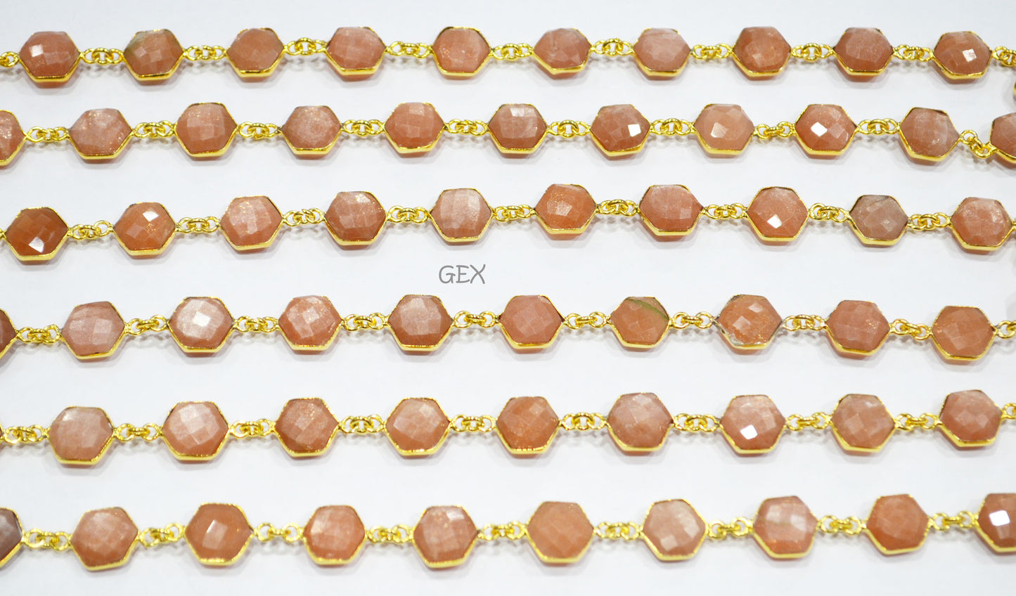 Peach Moonstone Faceted Hexagon Shape Connector Chain , 10 - 11 mm , RB-7218