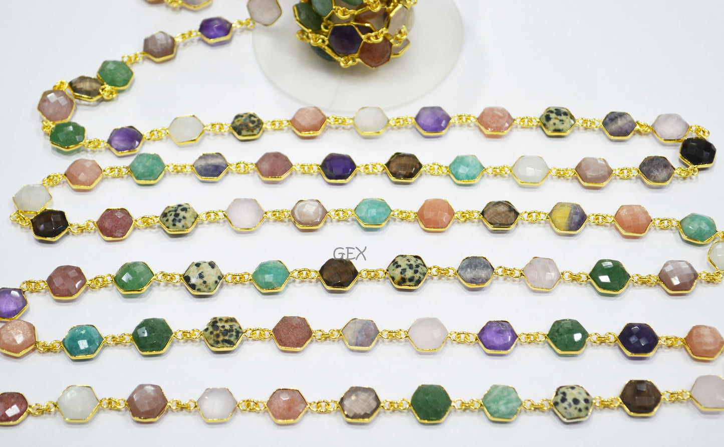 Multi Semi Precious Gemstone Faceted Hexagon Shape Connector Chain , 10 - 11 mm , RB-7220