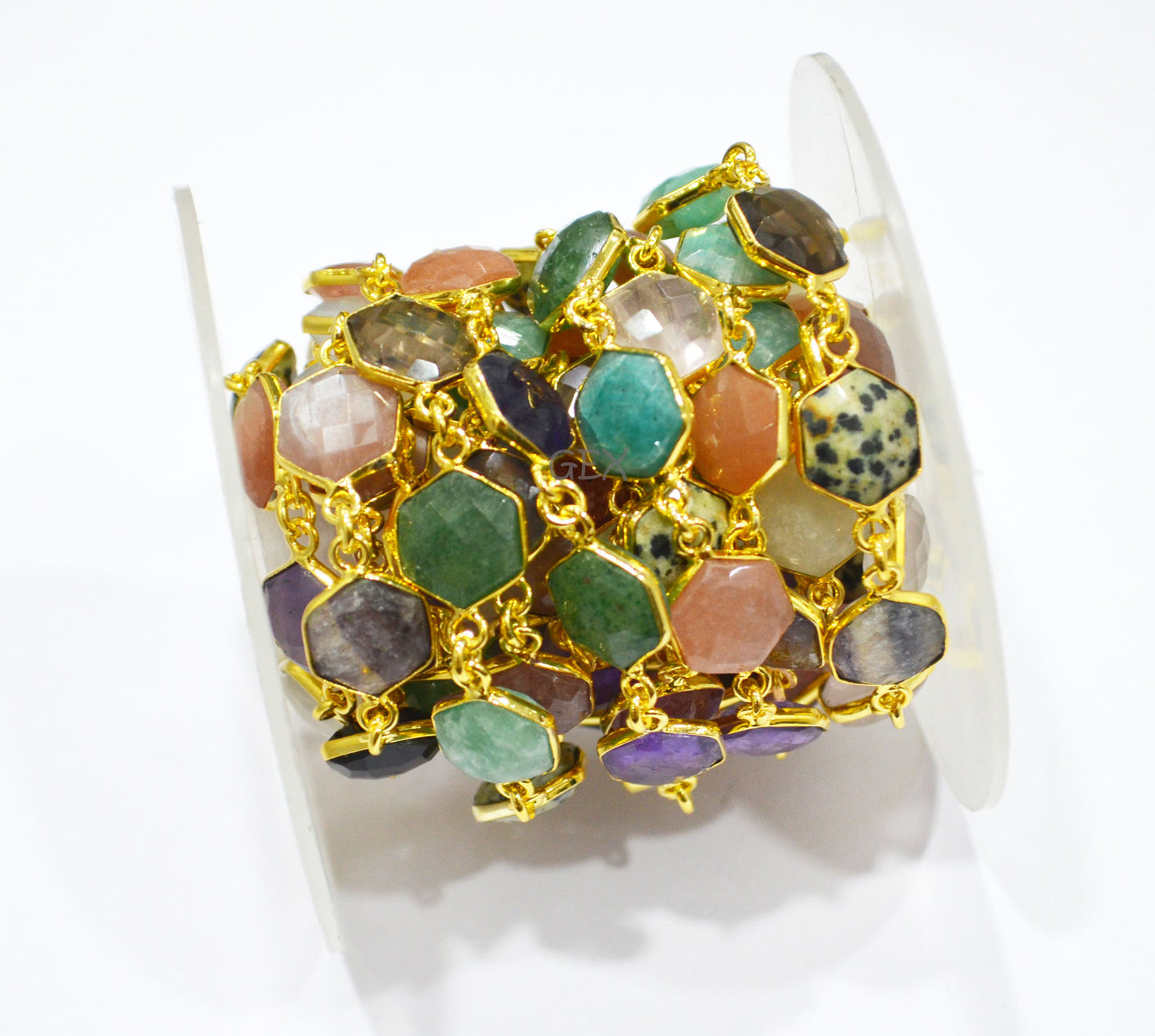 Multi Semi Precious Gemstone Faceted Hexagon Shape Connector Chain , 10 - 11 mm , RB-7220