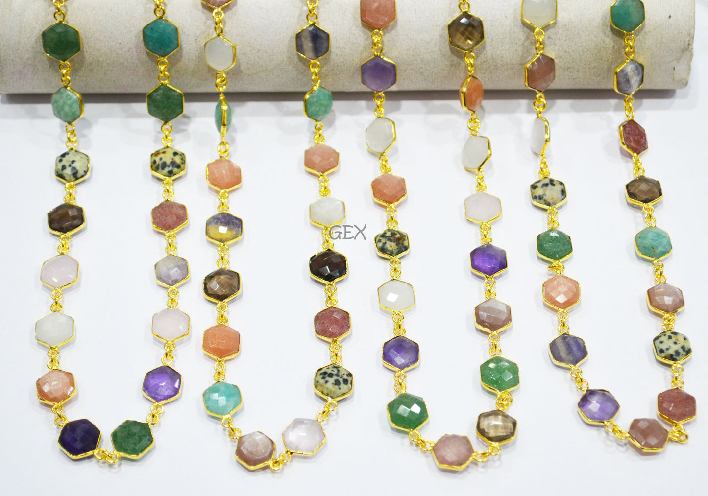 Multi Semi Precious Gemstone Faceted Hexagon Shape Connector Chain , 10 - 11 mm , RB-7220