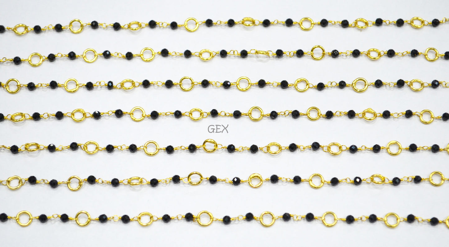 Black Spinel Faceted Round Shape Rosary Beaded Chain , Black Spinel With Brass Rings Round Shape Wire Wrapped Chain , 3 mm , 7221