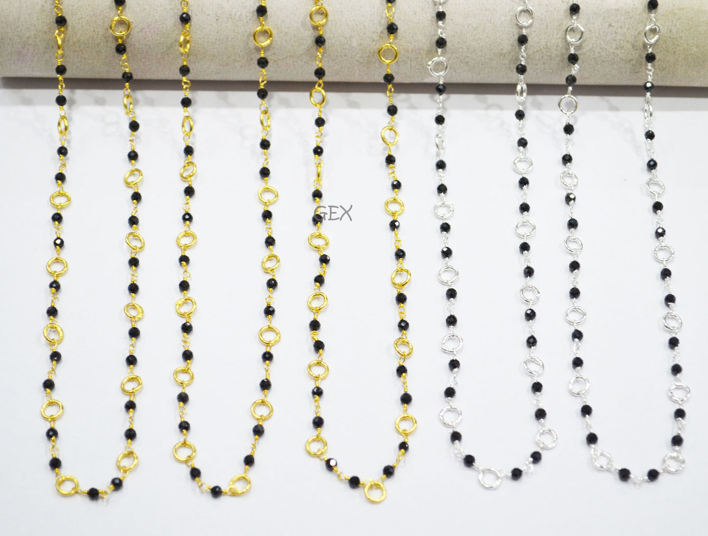 Black Spinel Faceted Round Shape Rosary Beaded Chain , Black Spinel With Brass Rings Round Shape Wire Wrapped Chain , 3 mm , 7221