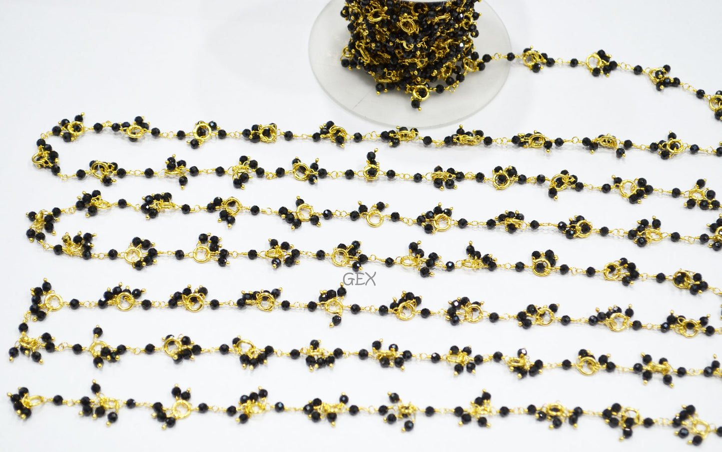 Black Spinel Faceted Round Shape Beaded Grape Chain , Black Spinel With Brass Rings Dangling Wire Wrapped Chain , 3 mm , 7222