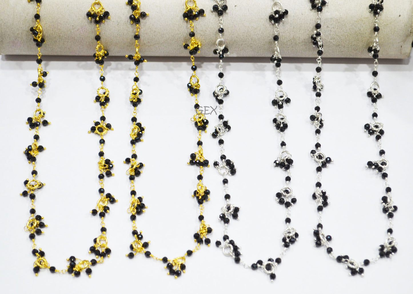 Black Spinel Faceted Round Shape Beaded Grape Chain , Black Spinel With Brass Rings Dangling Wire Wrapped Chain , 3 mm , 7222