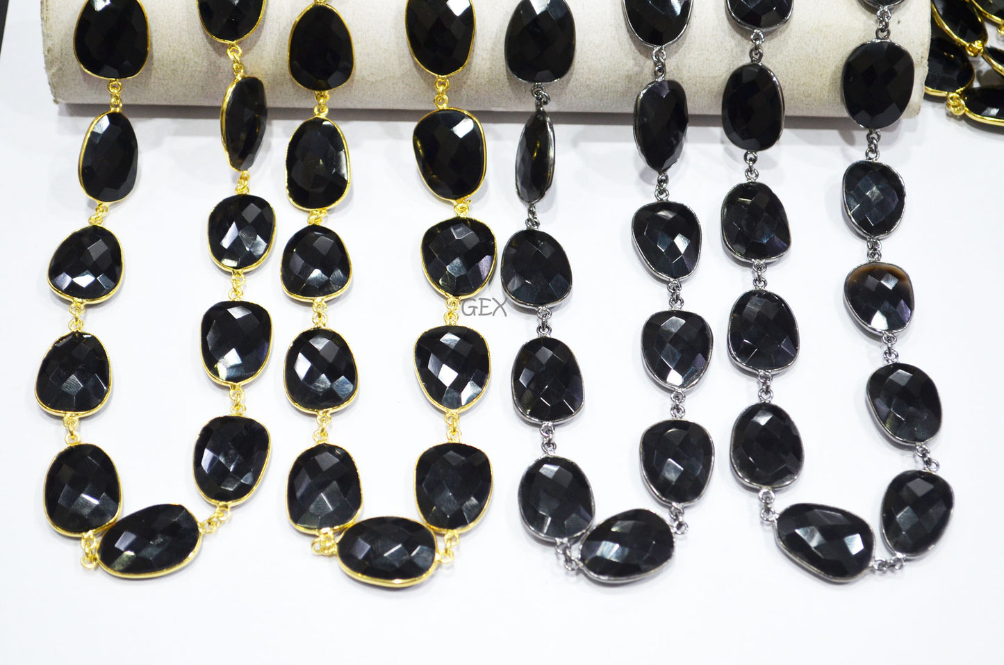 Black Onyx Faceted Slice Shape Connector Chain , 16x21 - 17x23 mm , RB-7237